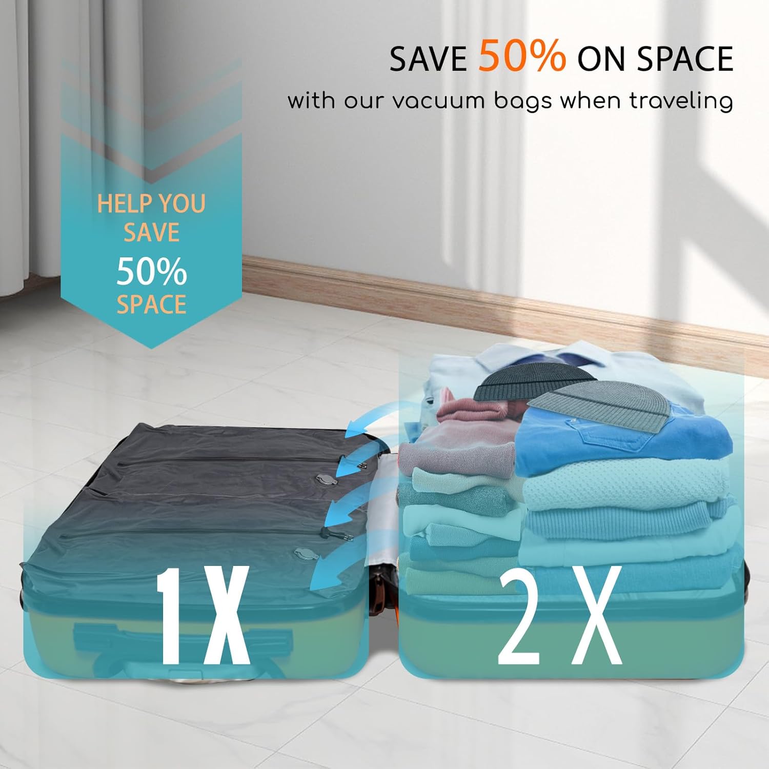 2 Pack Vacuum Bags for Travel with Vacuum Pump, TPU Reusable Vacuum Compression Bags Space Saver Bag