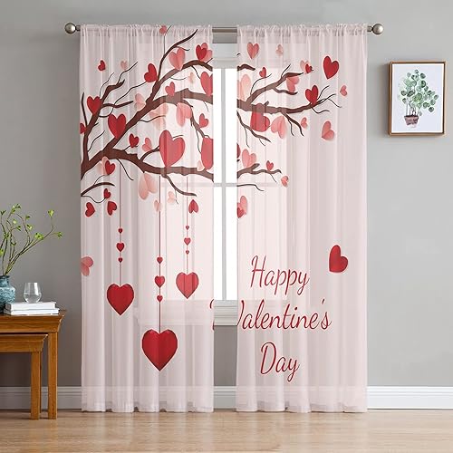 Miniatura 3 de Cortinas traslúcidas para el día de San Valentín de 84 pulgadas de largo diseño de árbol de amor rojo romántico con bolsillo para barra paneles