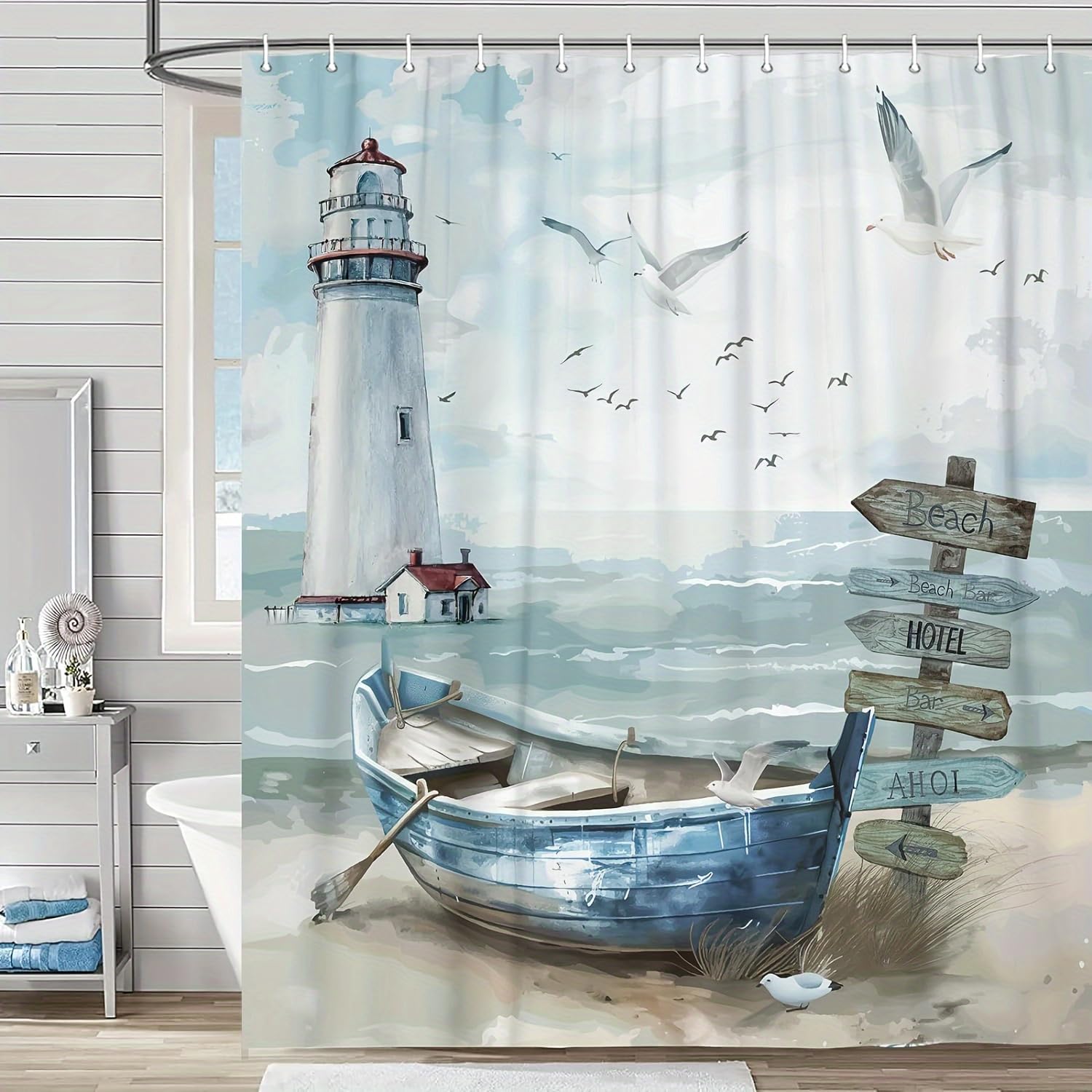 GLKSDLPO 1pc Nautical Coastal Shower Curtain, Ocean Beach Lighthouse Shower Curtain Set, Sea sides Sailboat Coastal Blue Teal Decor(152x183cm/60x72in(WxH))