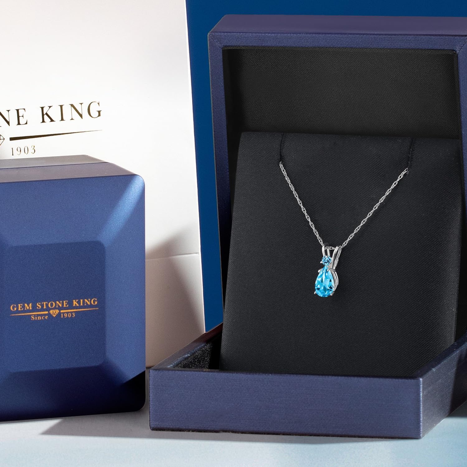 Gem Stone King 14K White Gold Swiss Blue Topaz Pendant Necklace for Women | 0.80 Cttw | Gemstone November Birthstone | Pear Shape 7X5MM | With 18 Inch Chain - Image 5