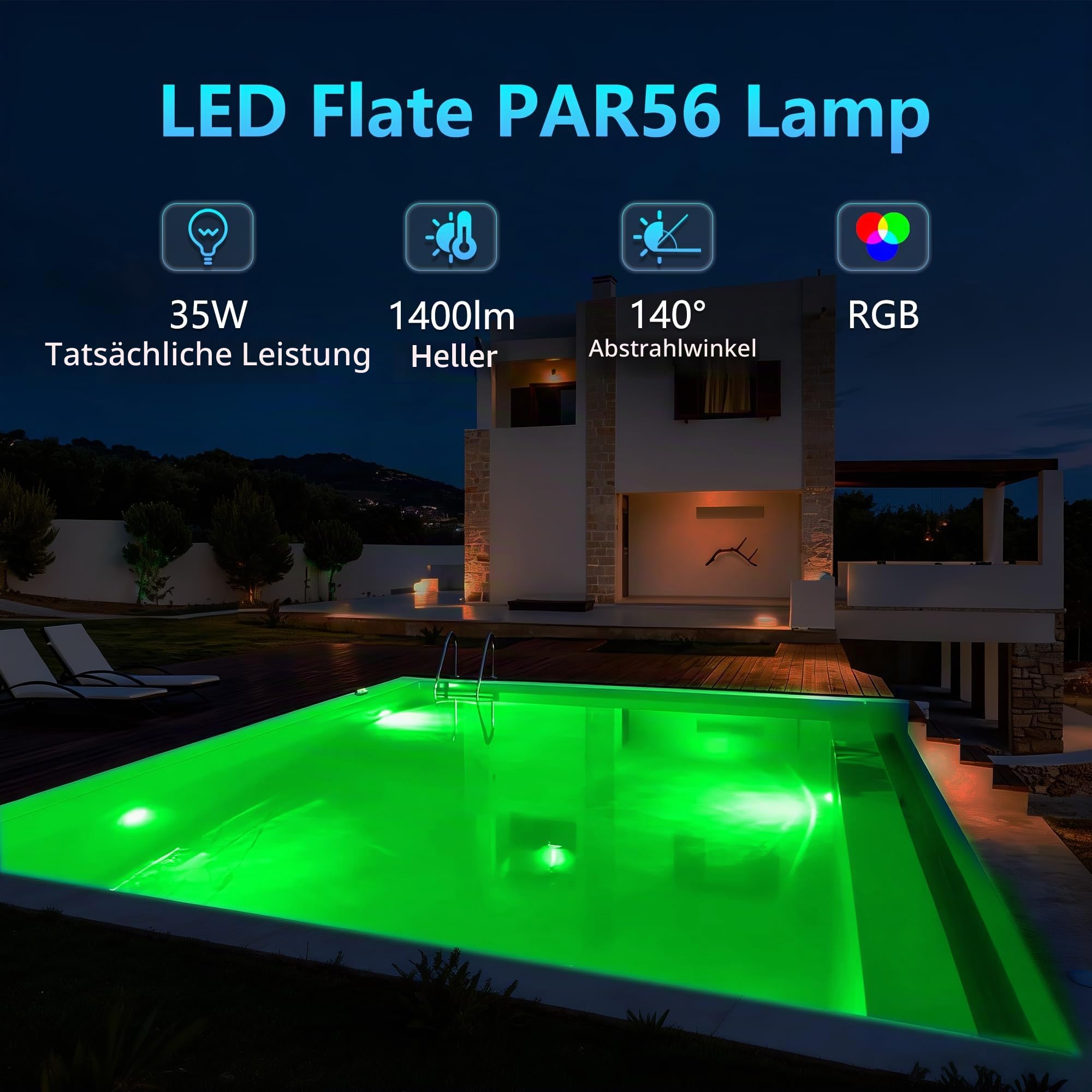 LED Ultraflach Poollampe PAR56, 35W Unterwasserscheinwerfer RGB Mehrfarbig Dimmbar 1400lm, 2/4/6H Timer, Harz Gefüllt IP68 Wasserdichte Poolbeleuchtung mit Fernbedienung, 12V AC, 2er-Pack
