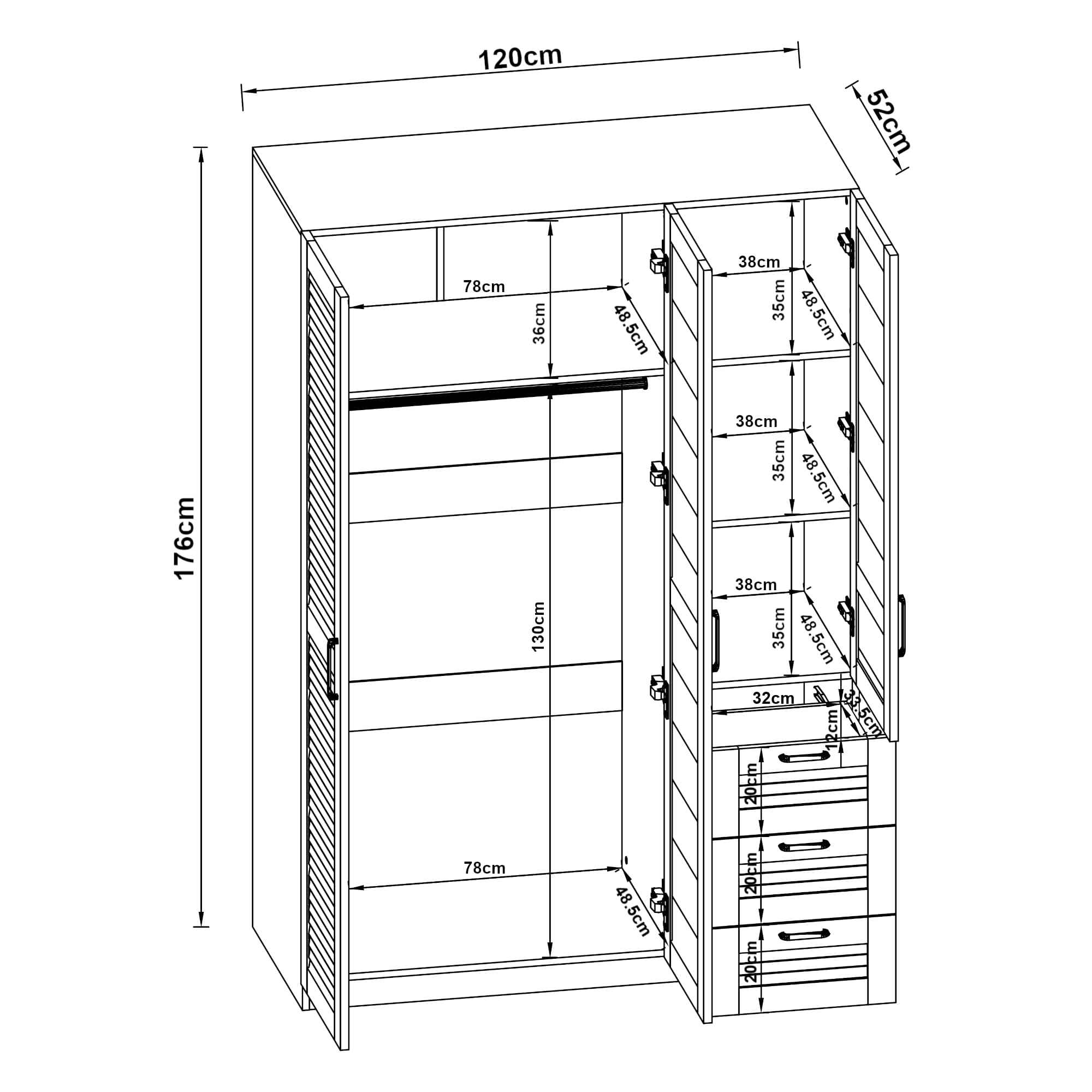 [en.casa] Armadio Guardaroba per Camera da Letto Armadio Chiuso con Ante a Persiana Scomparti Cassettiera Asta Appendiabiti 176 x 120 x 52 cm MDF - Bianco
