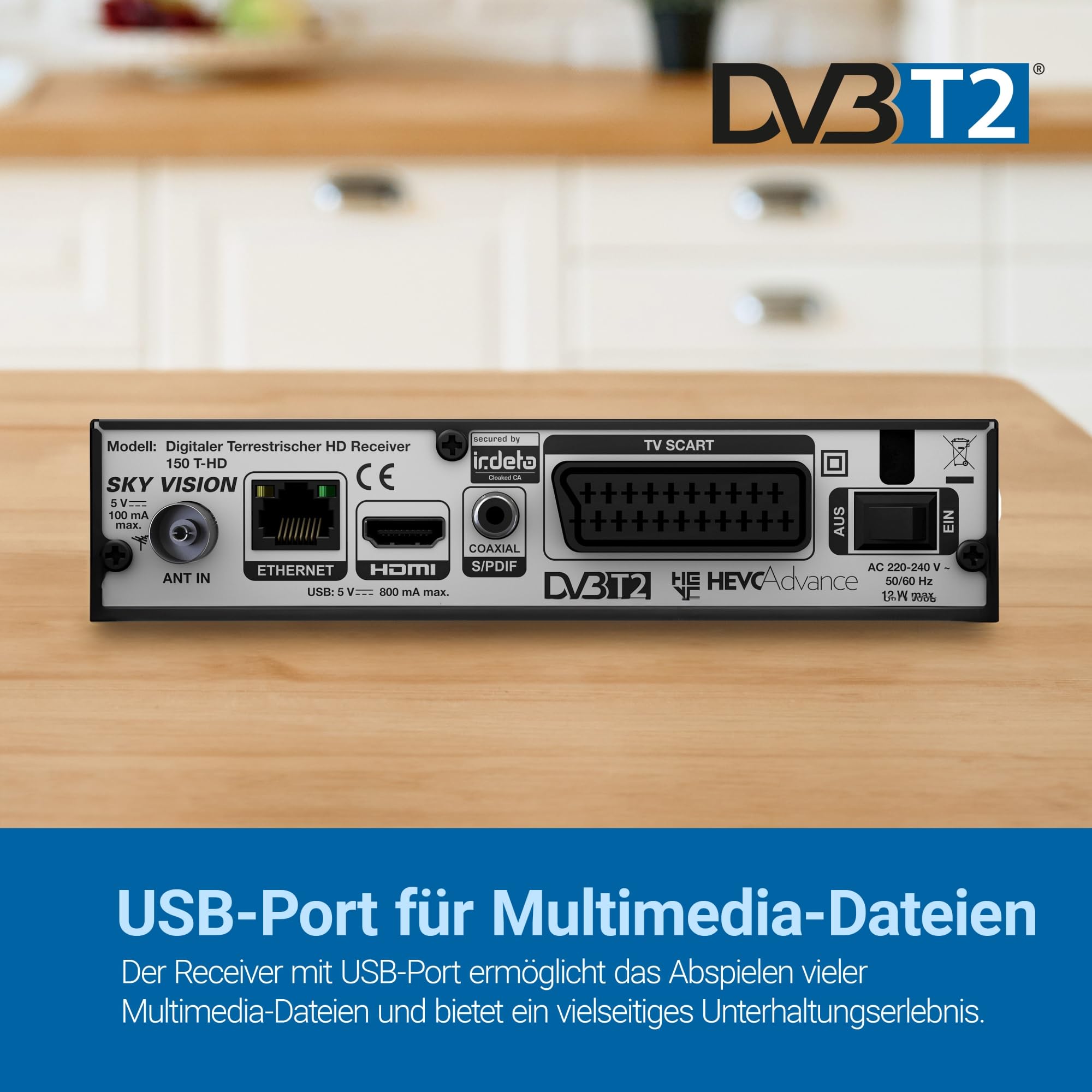 Sky Vision 150 T-HD Digitaler DVB-T2 Receiver, HDTV, Dolby Digital Plus Unterstützung, mit mehrsprachiger Menüführung und Installationsassistenten