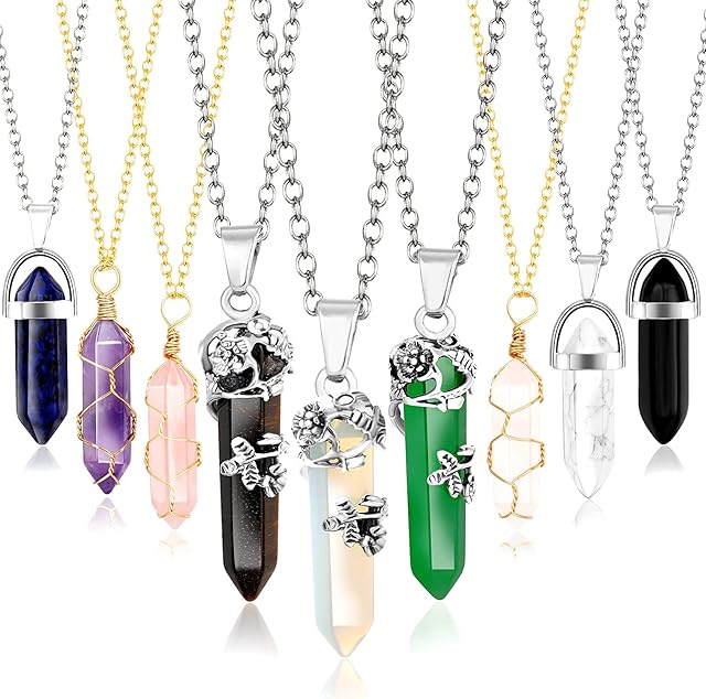 Defrsk 9 Pcs Healing Crystal Necklaces for Women Hexagonal Chakra Pendant Necklace Rose Quartz Crystal Healing Stone Jewelry Mother Gifts