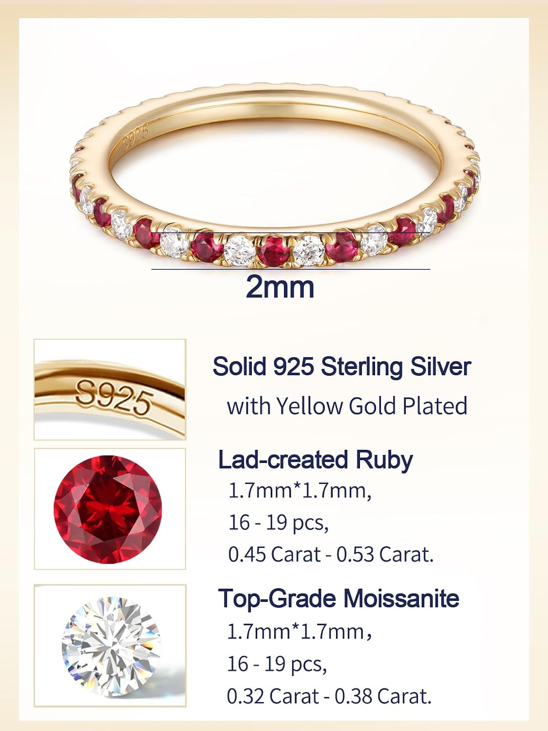 CYW Sapphire/Ruby/Emerald/Moissanite Hand Setting Full Eternity Rings for Women, Solid 925 Sterling Silver with Rhodium/Yellow Gold Plated, Valentine Wedding Anniversary Jewelry