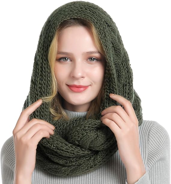 Hat and Scarf Set for Women Thick Winter Cable Knit Beanie Scarf Dark Olive Set