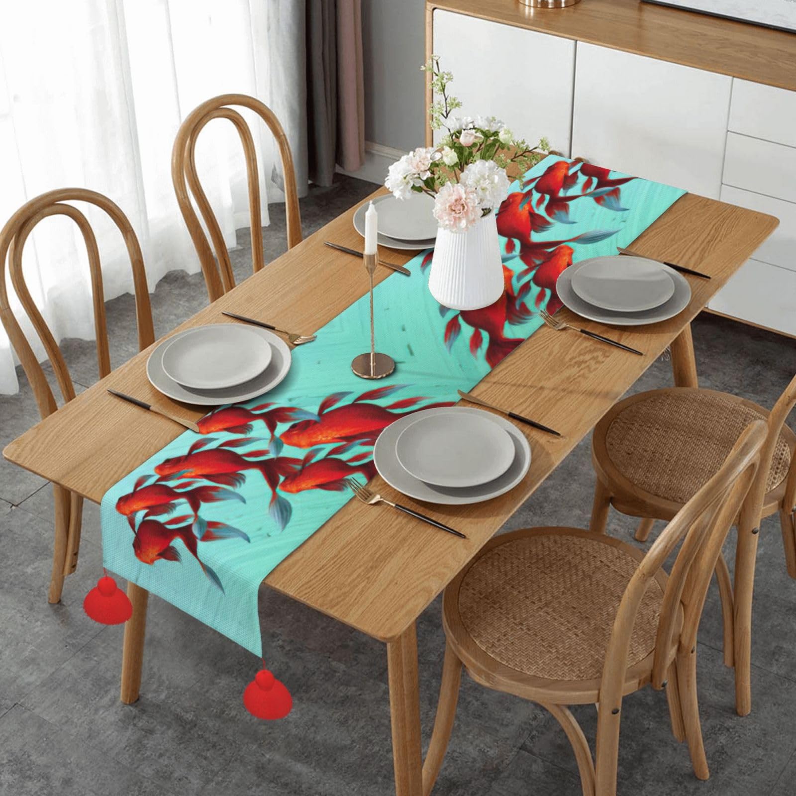 Chemin de table de Noël avec pompons de 152 cm pour décorations de fêtes