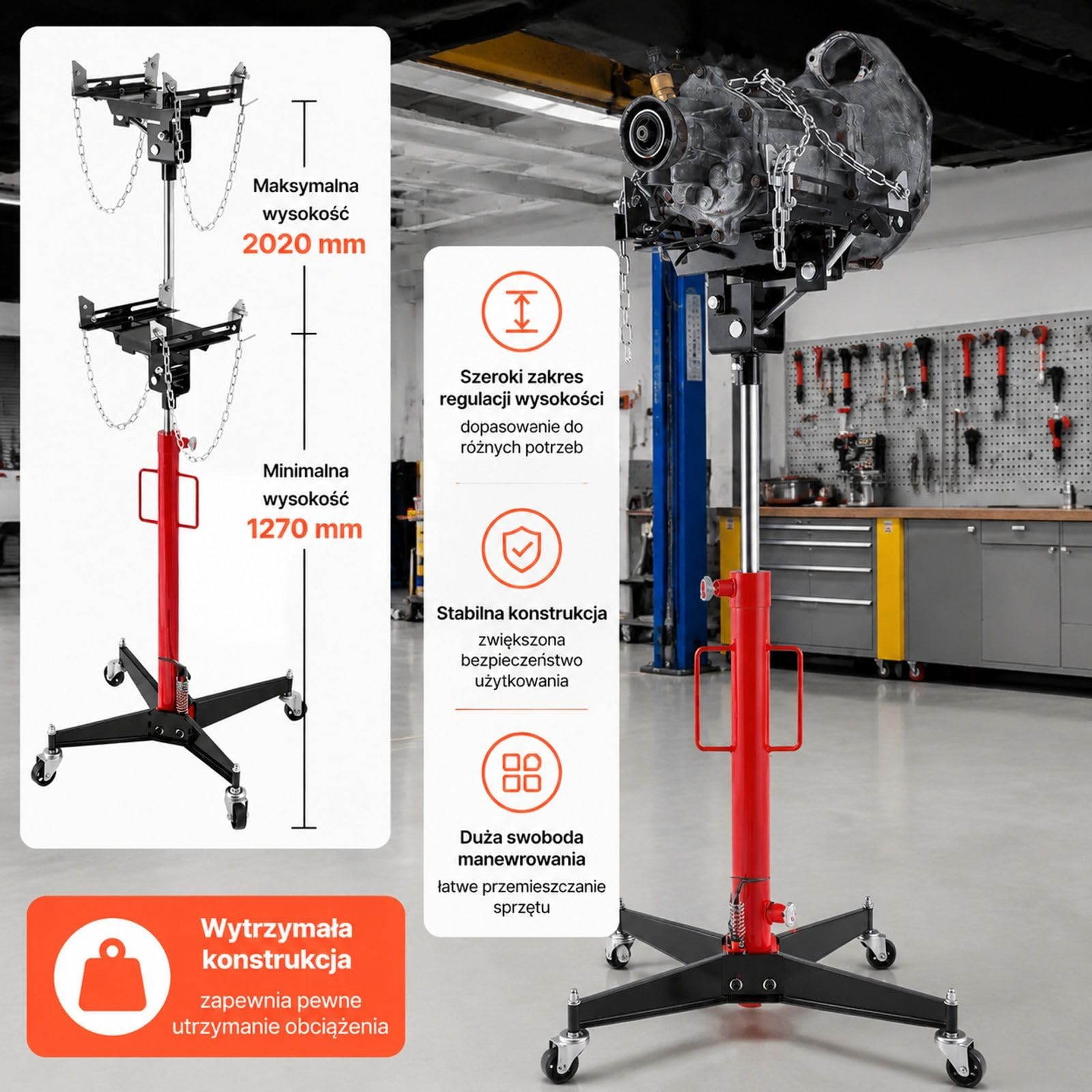 Hydrauliczny podnośnik skrzyni biegów, udźwig 500 kg, pedał nożny, koła obrotowe 360 stopni, rama X, czerwono czarny, do garażu warsztatu