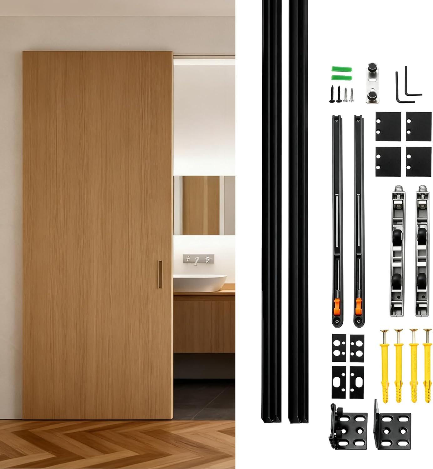 Trackless Concealed Sliding Ghost Door, 47 Inch Hidden Invisible Barn Door Hardware Kit