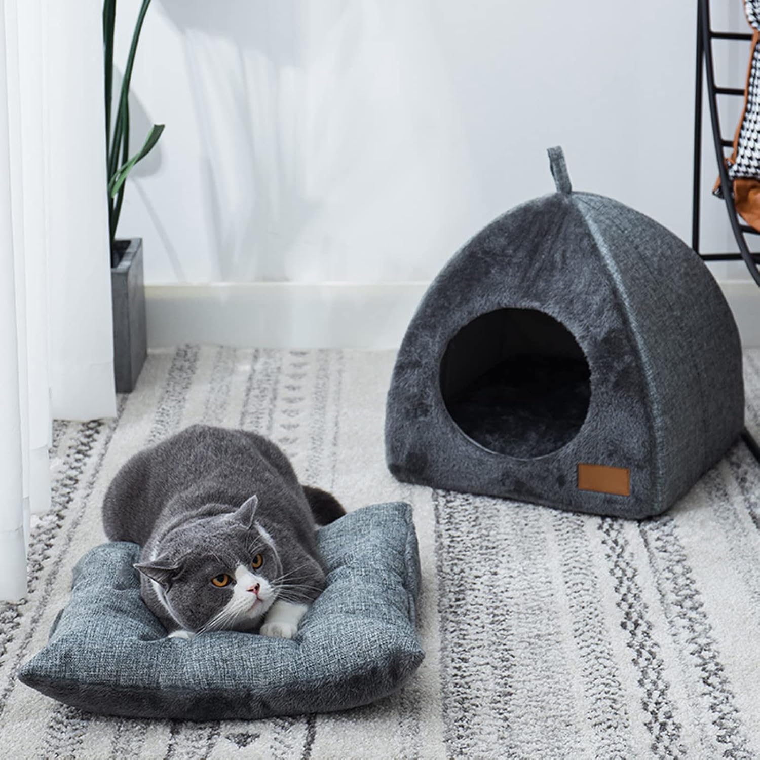 Cozy Pet Bed Warm Cave Nest Sleeping Bed Cat Houses for Indoor Cats with Removable Foam Cat Bed Puppy House for Catsand Small Dogs Gray (L)