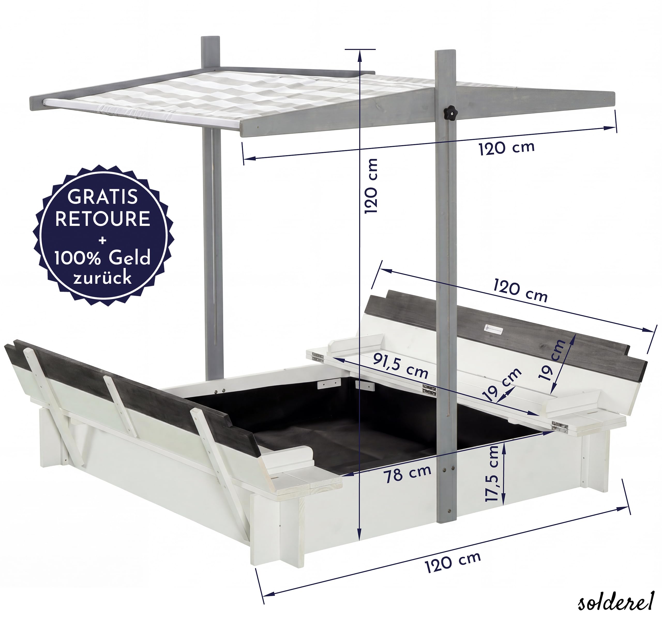 Arenero de diseño de madera con techo, cubierta y banco, caja de arena para niños con tapa plegable, protección solar UV, caja de arena cuadrada para jardín, parque infantil, 120 x 120 cm