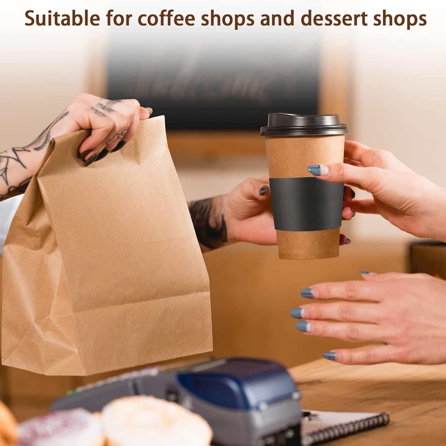 Sabary 50 Pcs Coffee Sleeves Disposable Corrugated Kraft Paper Cup Sleeve Holder Protective Insulated Heat Espresso Coffee Cup Holder Fits 12, 16, 20, 22, 24 oz Hot Cold Drinks Cups(Black) - Image 6