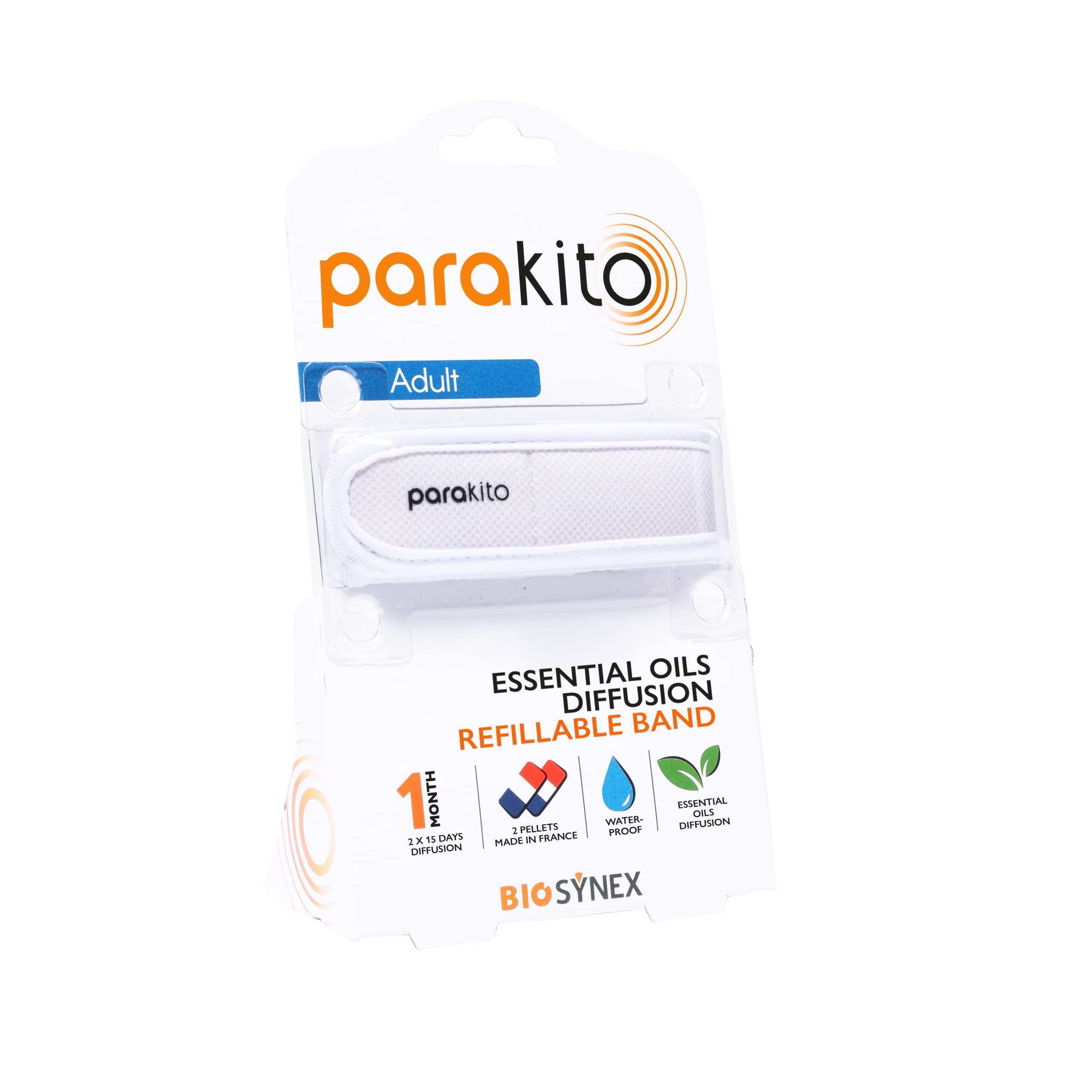 PARAKITO - Refillable Mosquito Bracelet - 2 Refills Included - 1 Month Use - DEET Free - White Colour - Adult Size