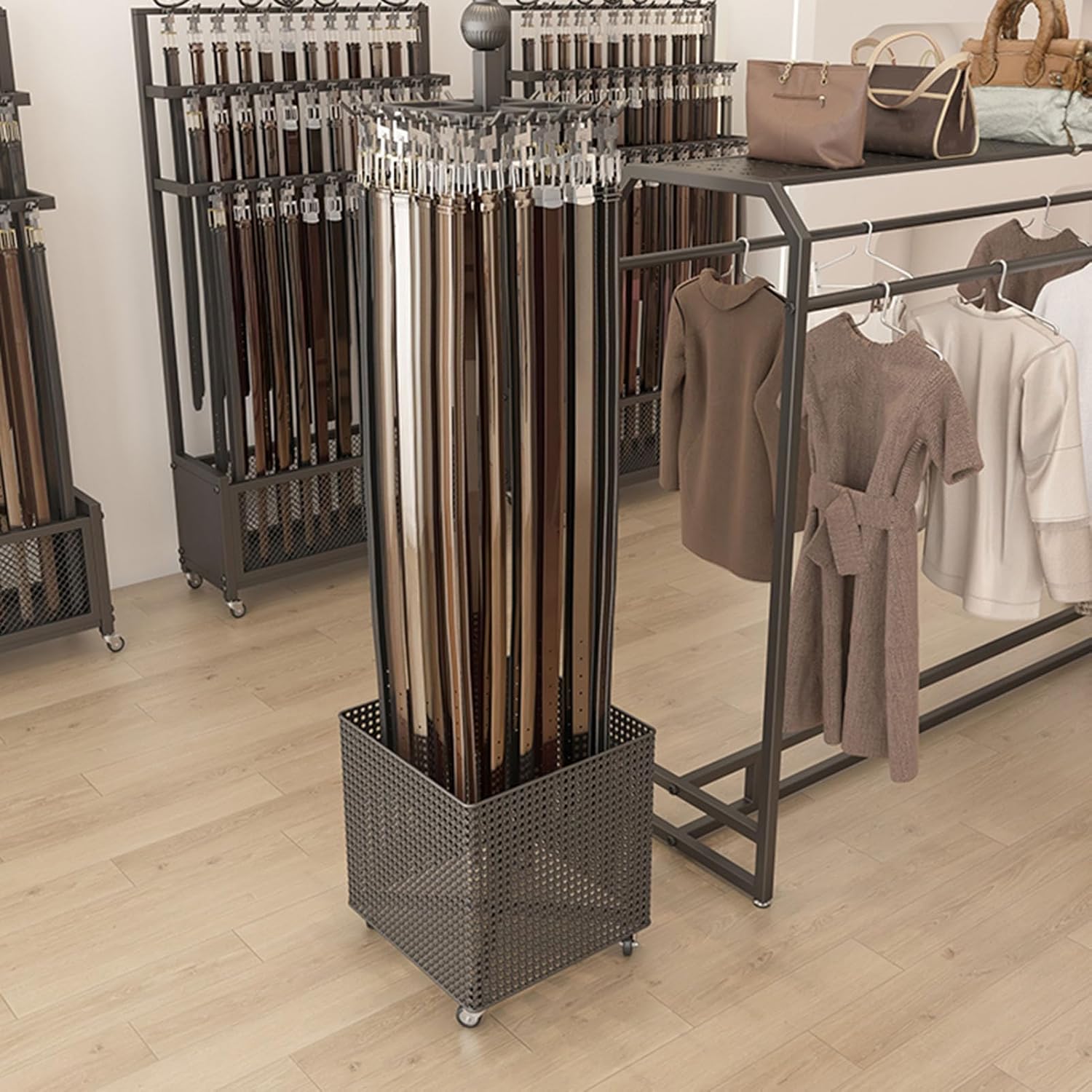 Movable Retail Belt Accessory Display Stand, Tie Rack Floor Mounted Belt Hanger Purse Hanger Stand Scarf Stand,Metal Men Closet Belt Organizer Holder Jewelry Purse Hanger Shelf