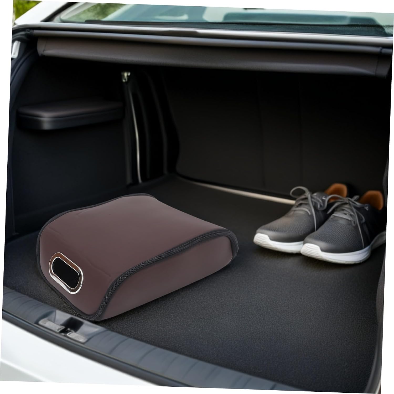 Baluue Vehicle Shoe Storage Box with Handle, Waterproof Trunk Organizer for Suvs Sedans Trucks, Plastic Shoe Holder for Car Boot Storage, Brown 14x10.2x4 Inches