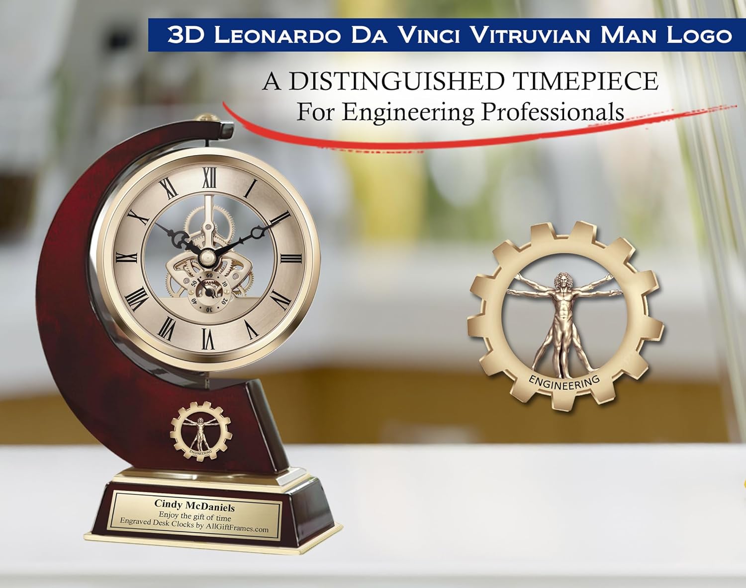 AllGiftFrames Davinci Engineer Logo Wood Gold 360 Degree Manual pivoting Sculpture engrave Desk Clock Home Office Decor Gear Retirement Service Award Plaque Stand Graduate Engineering Graduation