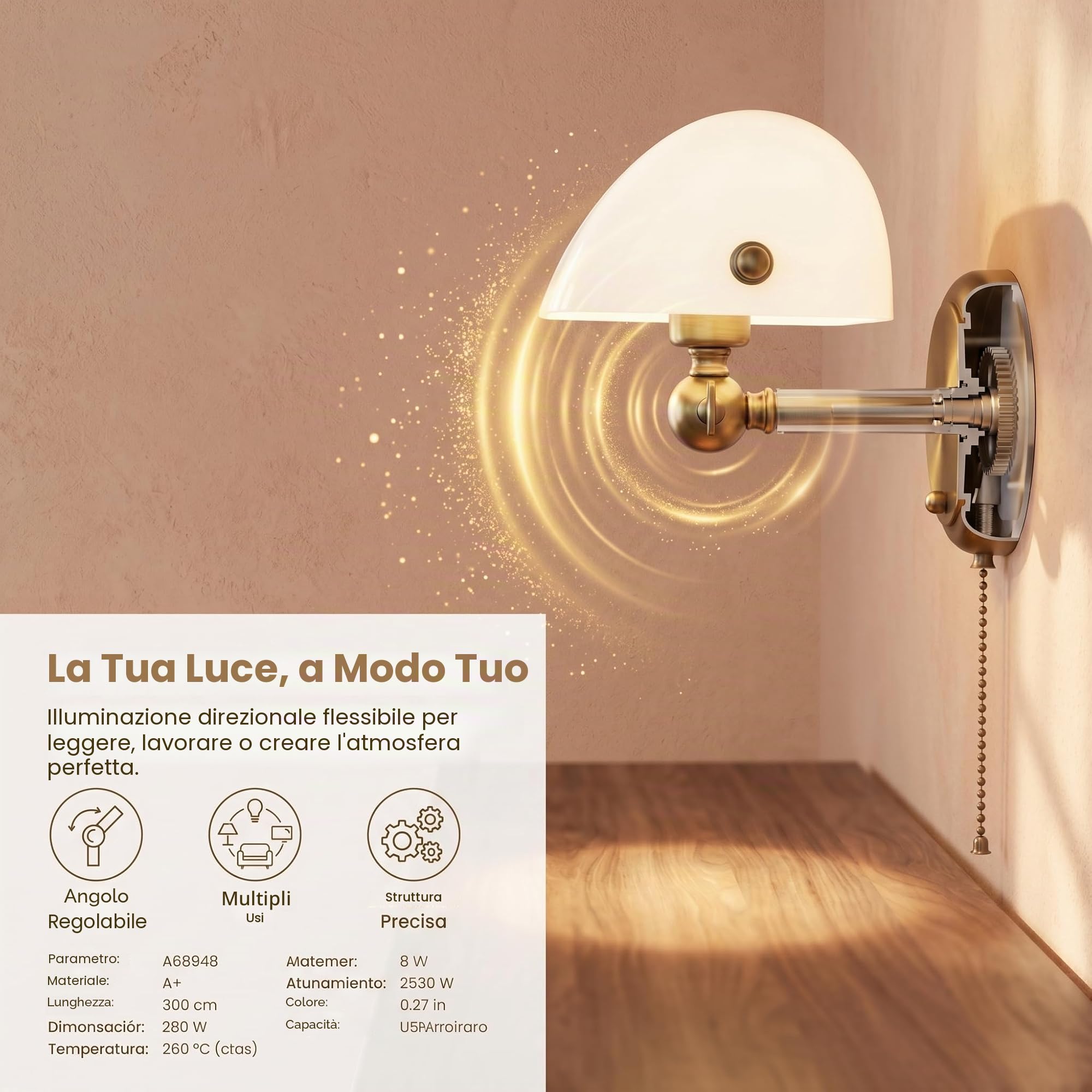 Applique da Parete Vintage “BANQUERO” con Paralume in Vetro Bianco, Base in Ottone Anticato, Paralume Orientabile, Interruttore a Catenella – Compatibile con Lampadina LED E27