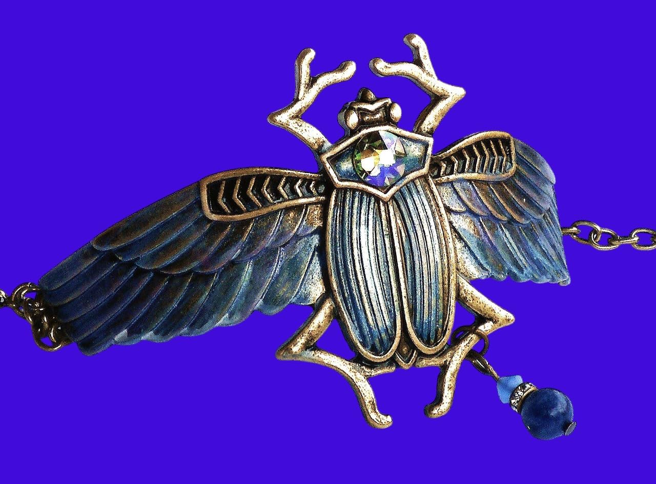 Mystical Protection Egyptian Winged Scarab Beetle Amulet Cuff Bracelet with Sparkling Crystal Rhinestone Boho Jewelry for Women
