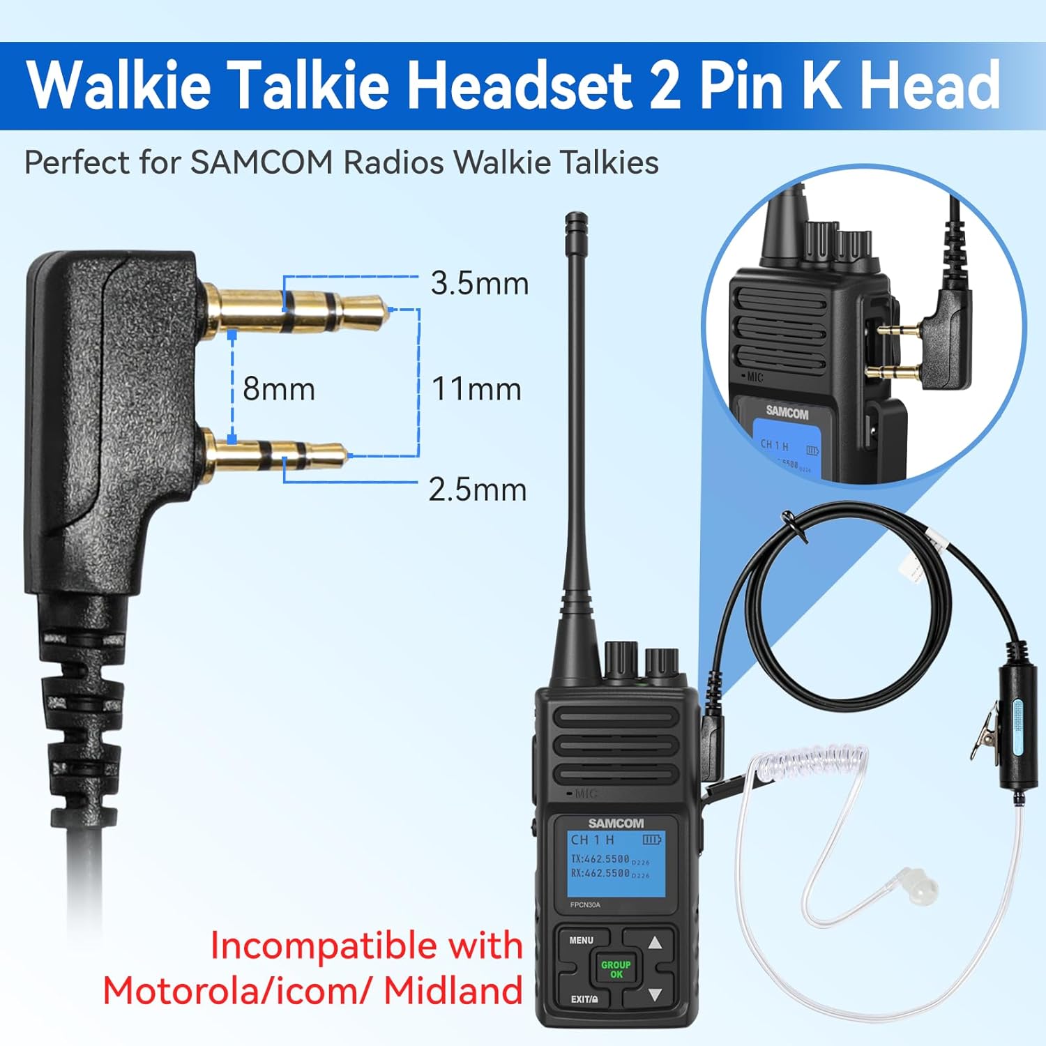 SAMCOM Walkie Talkies Earpiece with Mic PTT 2 Pin Transparent Acoustic Tube K Head Headset Surveillance Covert Air Tube Ear Piece Compatible Radios, 6 Packs - Image 4
