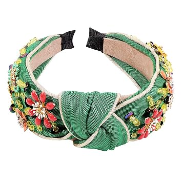 QTMY Rhinestone Crystal Wide Headbands Knot Turban Fashion Vintage Hairband Elastic Hair Hoops Hair Accessories for Women Girls Green