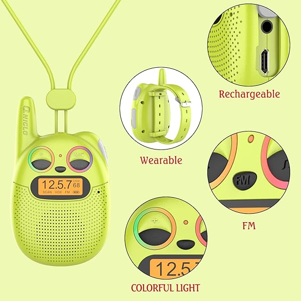 QNIGLO Q136 Talkie Walkie Enfants Rechargeable 4Pc, avec Radio FM, 2-5Km Portée Clignotant LED Yeux,Talkie-Walkie Montre Portable,Camping et Course,Jouet Cadeau pour Enfants(4Couleur) - 5