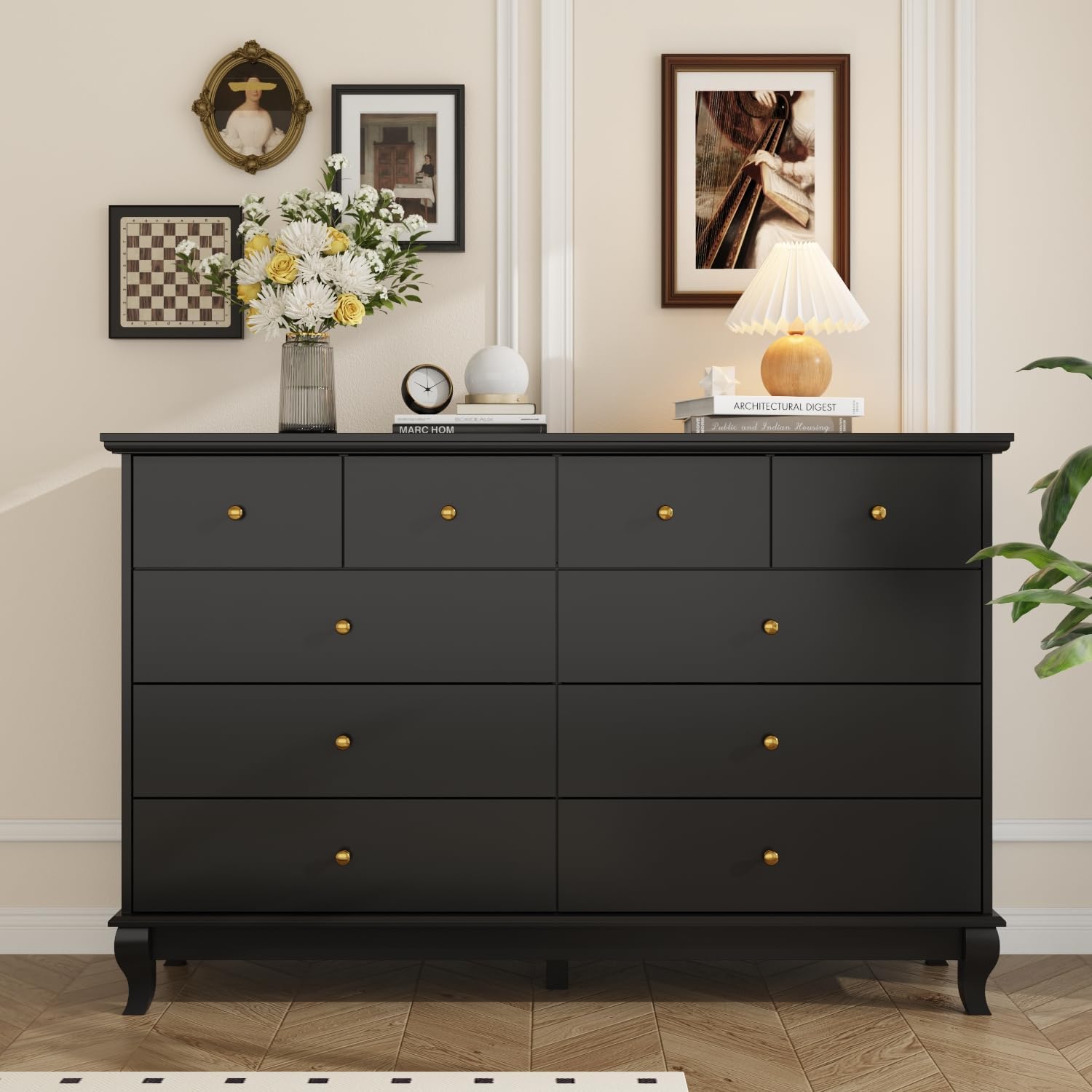 10 Drawer Dresser for Bedroom, Black Dresser Chest of Drawers, Modern Drawer Cabinet with Gold Knobs & Wood Legs, for Living Room Bedroom 15.7”D x 55.1”W x 35.4”H