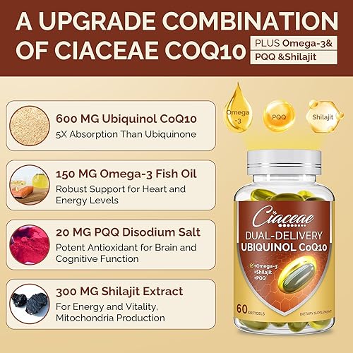 Miniatura 5 de Ubiquinol CoQ10 600 mg cápsulas blandas con Omega-3 y Shilajit y PQQ, coenzima Q10 avanzada de doble administración, suplemento activo de ubiquinol