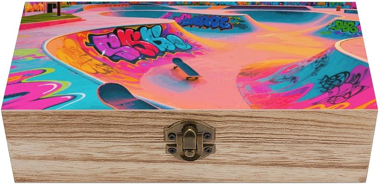 Vintage Wooden Storage Box with Hinged Lid, Skate Park Graffiti