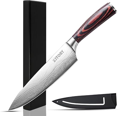 Kitory Cuchillo de Chef 20cm, Cuchillo de Cocina con Funda, Cuchillo de Cocinero Ultra Afilado con Mango Ergonómico de Madera de Pakka