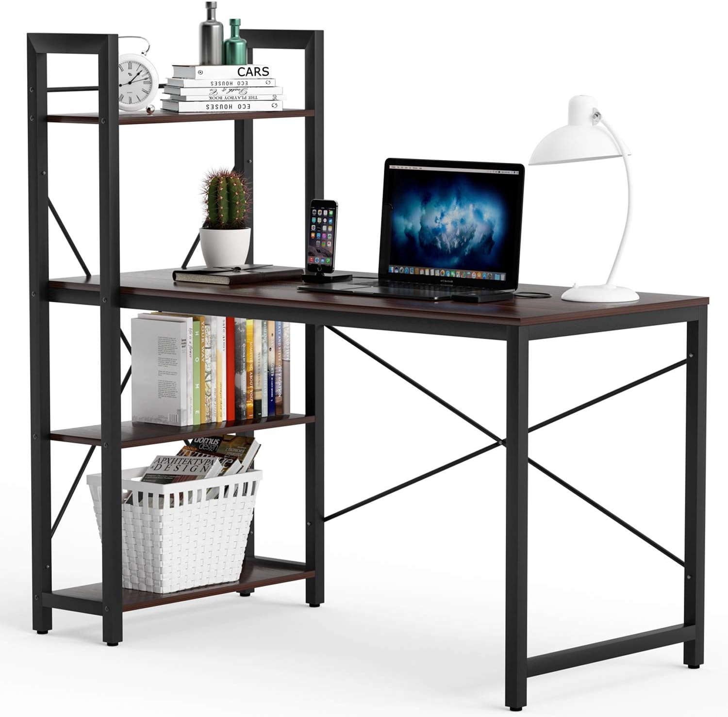 VADIM Computer Desk with Shelves, Modern Office Desk with 4-Tier Shelf, Durable Working Desk for Home, Bedroom, Office, Sturdy Writing Table with Storage Bookshelf, 47 Inches, Walnut