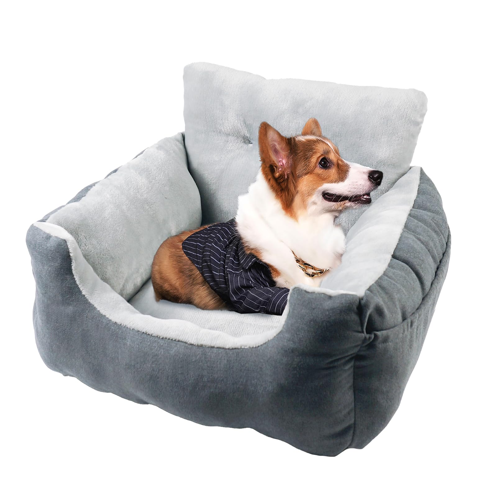 FRISTONE Hondenautostoeltje voor kleine honden, veiligheidsspieel, teckel, bulldog, reisbed, verhoogde autostoel, met clip-on veiligheidslijn en opbergtas, zilvergrijs