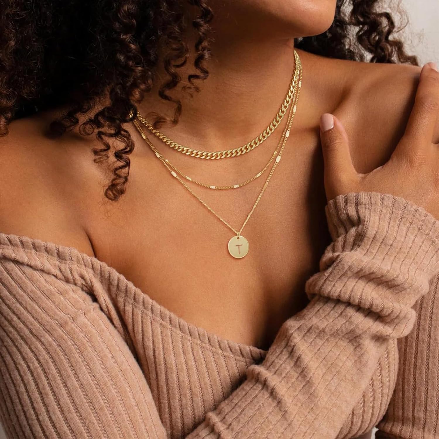 Initial Necklaces for Women Trendy, 14K Gold Plated Letter Necklace Stack Round Coin Disc Pendant Layered Choker Cuban Chain A-Z Gold Necklace Personalized Jewelry Gift Sets for Women - Image 3