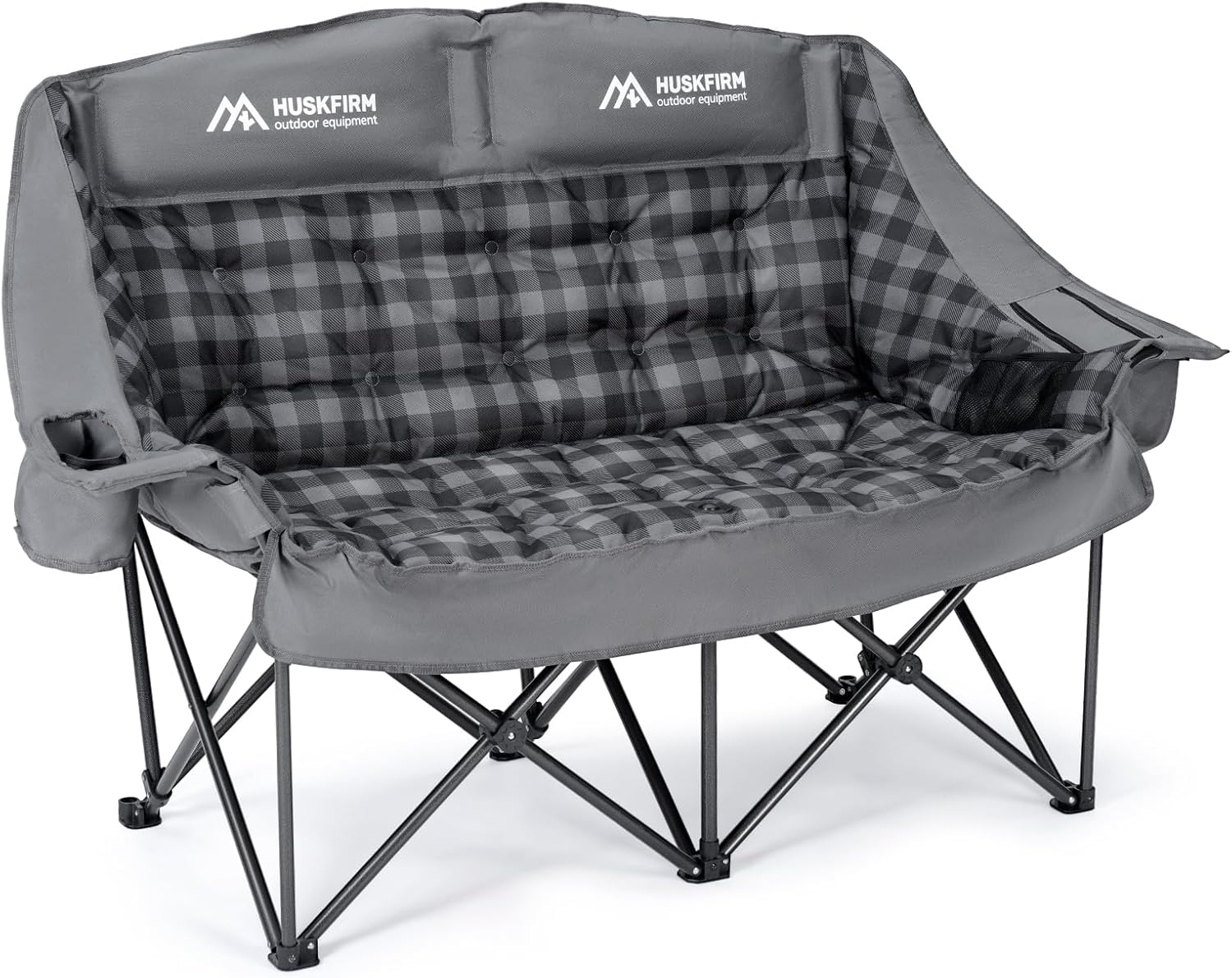 Huskfirm Padded Double Camping Chair High Back Double Seat Camping Chair Oversized Camping Loveseat Support 800LBS Heavy Duty Camping Couch with Cup Holders, Cooler, Carry Bag, Grey