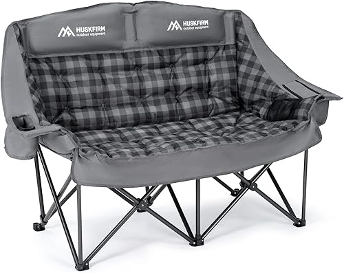 Padded Double Camping Chair High Back Double Seat Camping Chair Oversized Camping Loveseat Support 800LBS Heavy Duty Camping Couch with Cup Holders, Cooler, Carry Bag, Grey