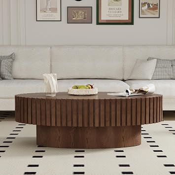 Modern Wood Oval Coffee Table, Drum Fluted Coffee Tables, Handcraft Veneered Cocktail Table with Sturdy Base for Living Room, Apartment, Farmhouse Brown Oval