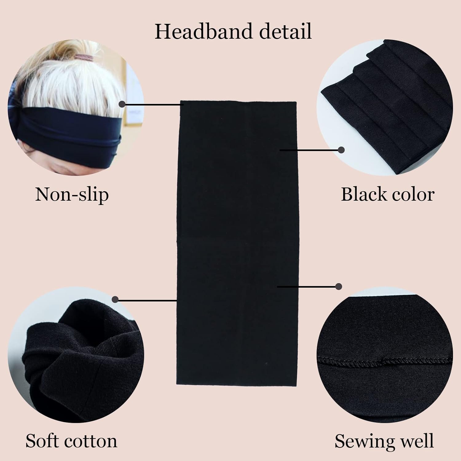 Headbands for Women 3 Pcs Black Wide Cotton Non-slip Stretchy Elastic Head Wrap Holder Hair Accessories - Image 4