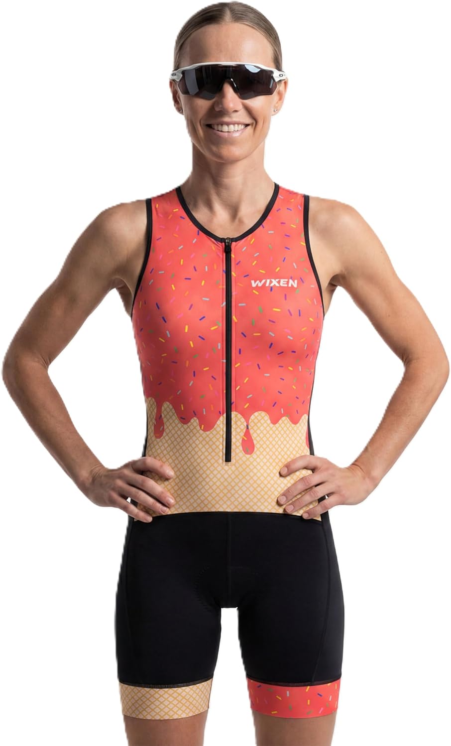 WIXEN Women's Triathlon Suit Sleeveless Tri Suit Padded Cycle Race Swim Bike Run Trisuit Back Pockets