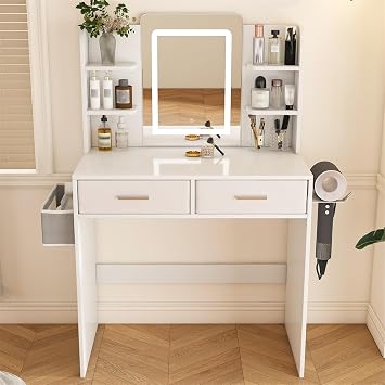 Makeup Vanity Desk with Mirror and Lights,Vanity Table with 2 Large Drawers, Hair Dryer Stand & Non-Woven Storage Bag, Makeup Desk Bedroom Furniture,3-Color Adjustable, for Bedroom,White