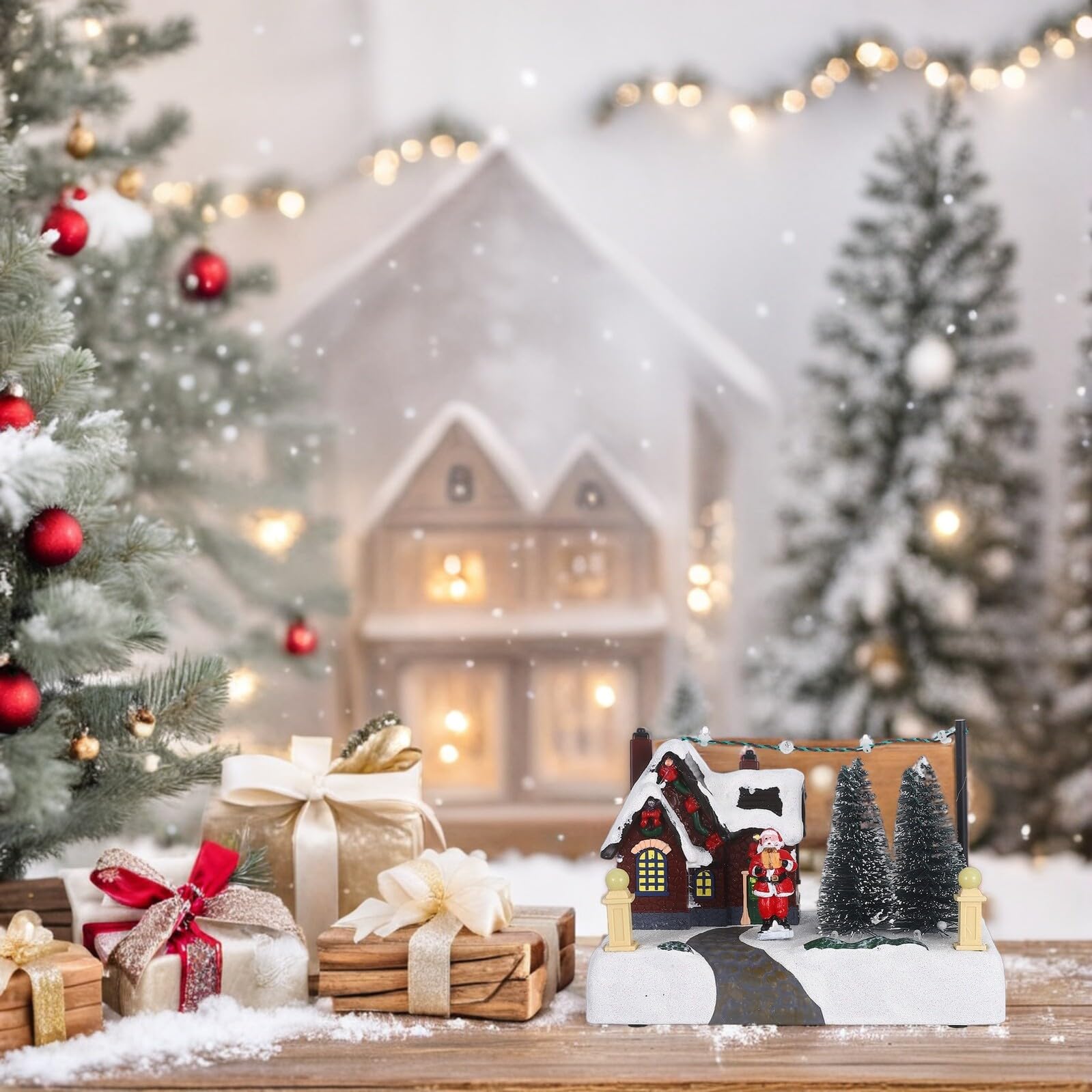 Villaggio di Natale Illuminato in Resina con Carillon Decorazione da Tavolo per Feste di Natale Bomboniera per Riunioni di Famiglia
