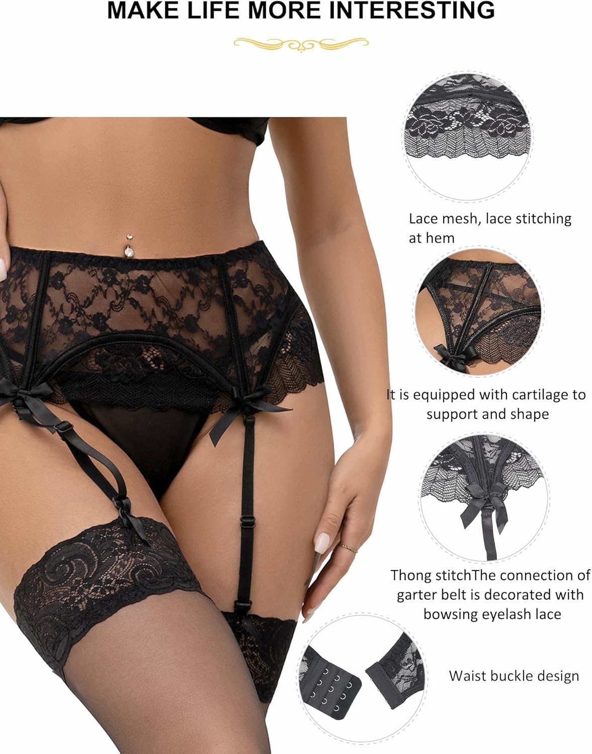 ohyeah Women Floral Lace Garter Belt for Thigh Highs Stockings Suspender with 4-Strap Metal Clips Garters Lingerie (No Socks) - Image 4