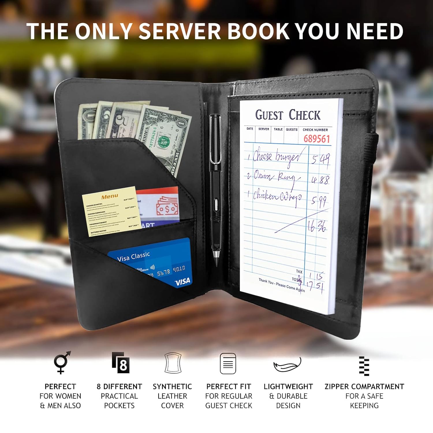 Buy Server Books for Waitress with Zipper Pocket Leather Waiter