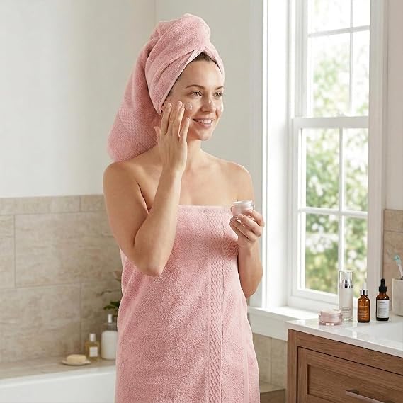 Cleanbear Bath Towels Set of 2, Cotton Bath Towels for Bathroom 55 x 27 Inches, Soft Absorbent Quick Dry Shower Set for Women Daily Use, Pink