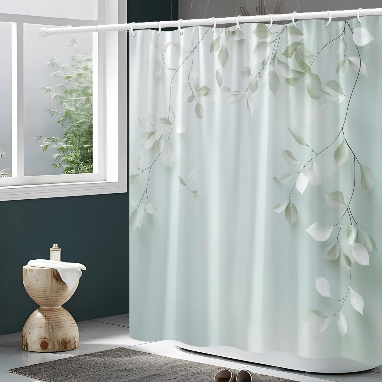 Rideau de douche anti éclaboussures Serenity lavable en machine tissu imprimé feuillage vert