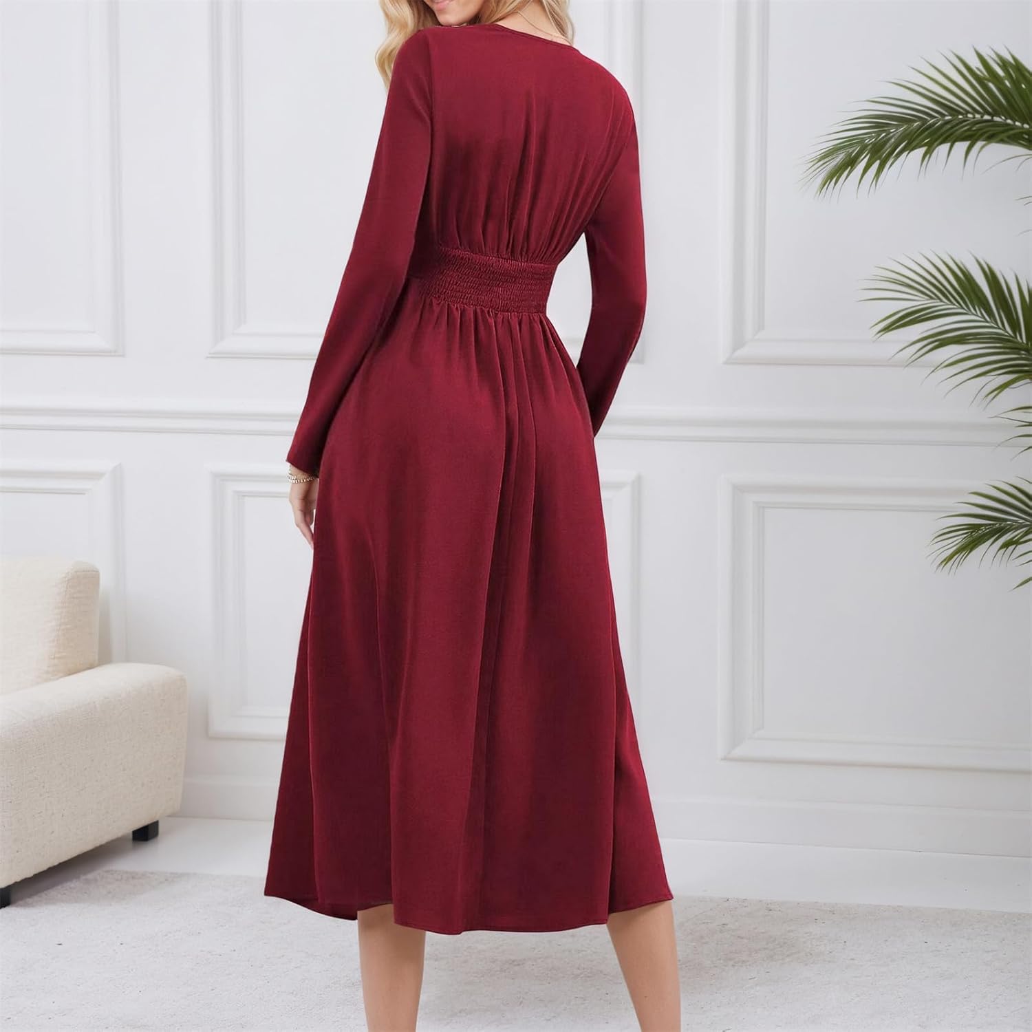 Womens Wrap V-Neck Empire Waist Lantern Long Sleeve Ruched Elegant Midi Dress - Image 5