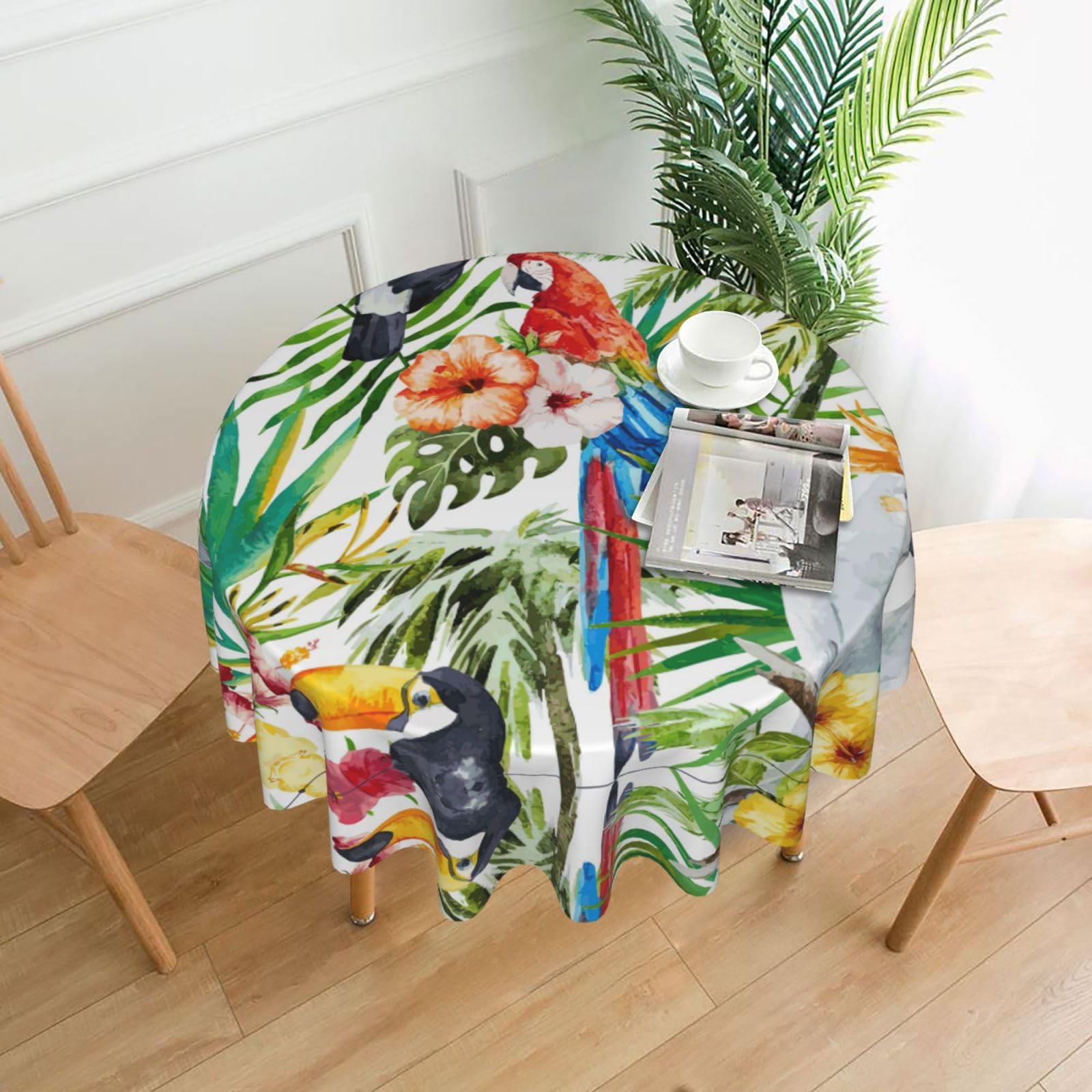 VCzsdff Toucans Parrot palm tree leaves Print Stain Resistant Round Tablecloth 60in Family Friendly Polyester Cloth for Kids Meals