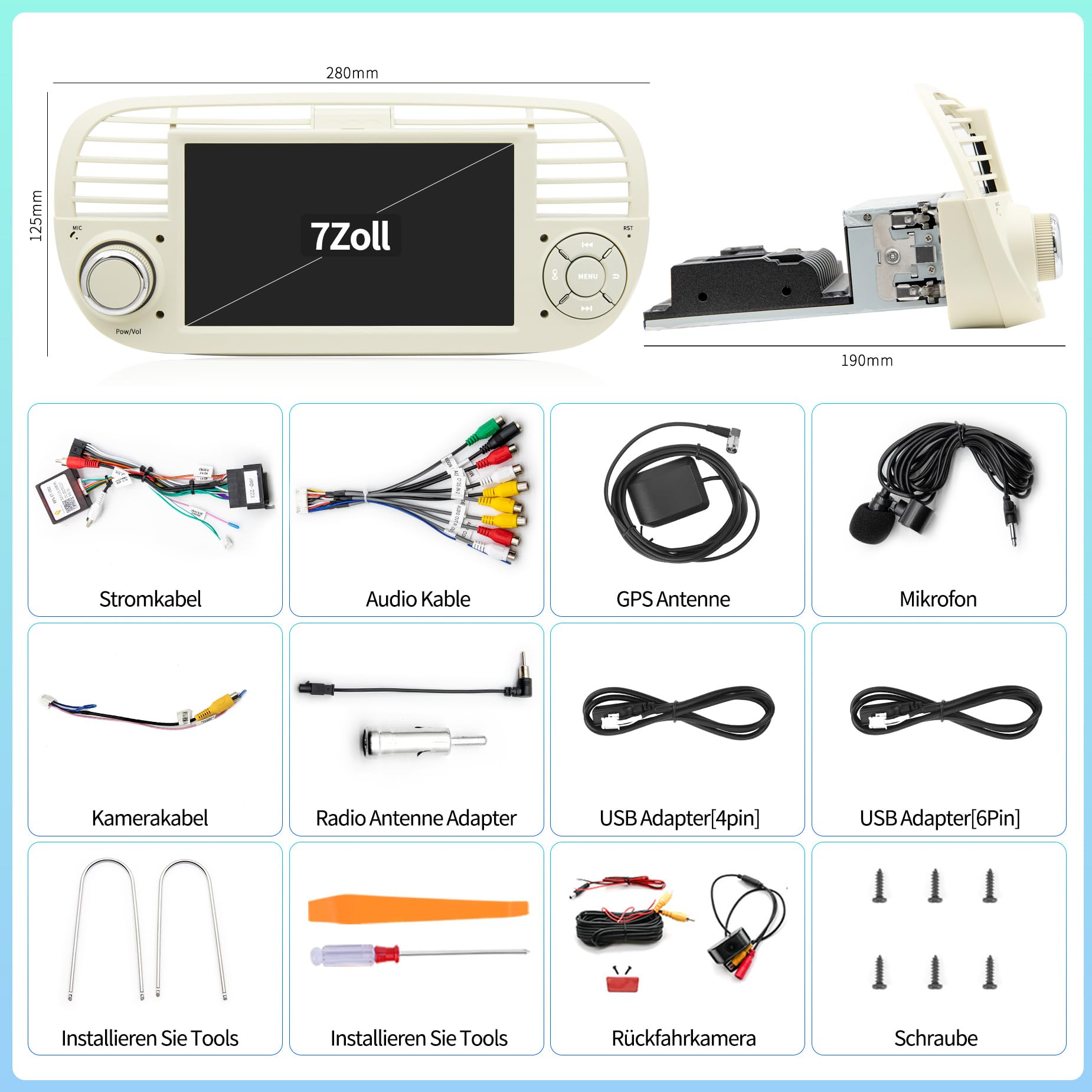 Autoradio pour Fiat 500 2007-2015 avec CarPlay/Android Auto sans Fil, Blanc | Caméra de Recul, Bluetooth, GPS/FM/Wi-Fi/RDS, Commande au Volant, Contrôle Vocal, 2+64Go Android Poste Radio Écran Tactile 7″