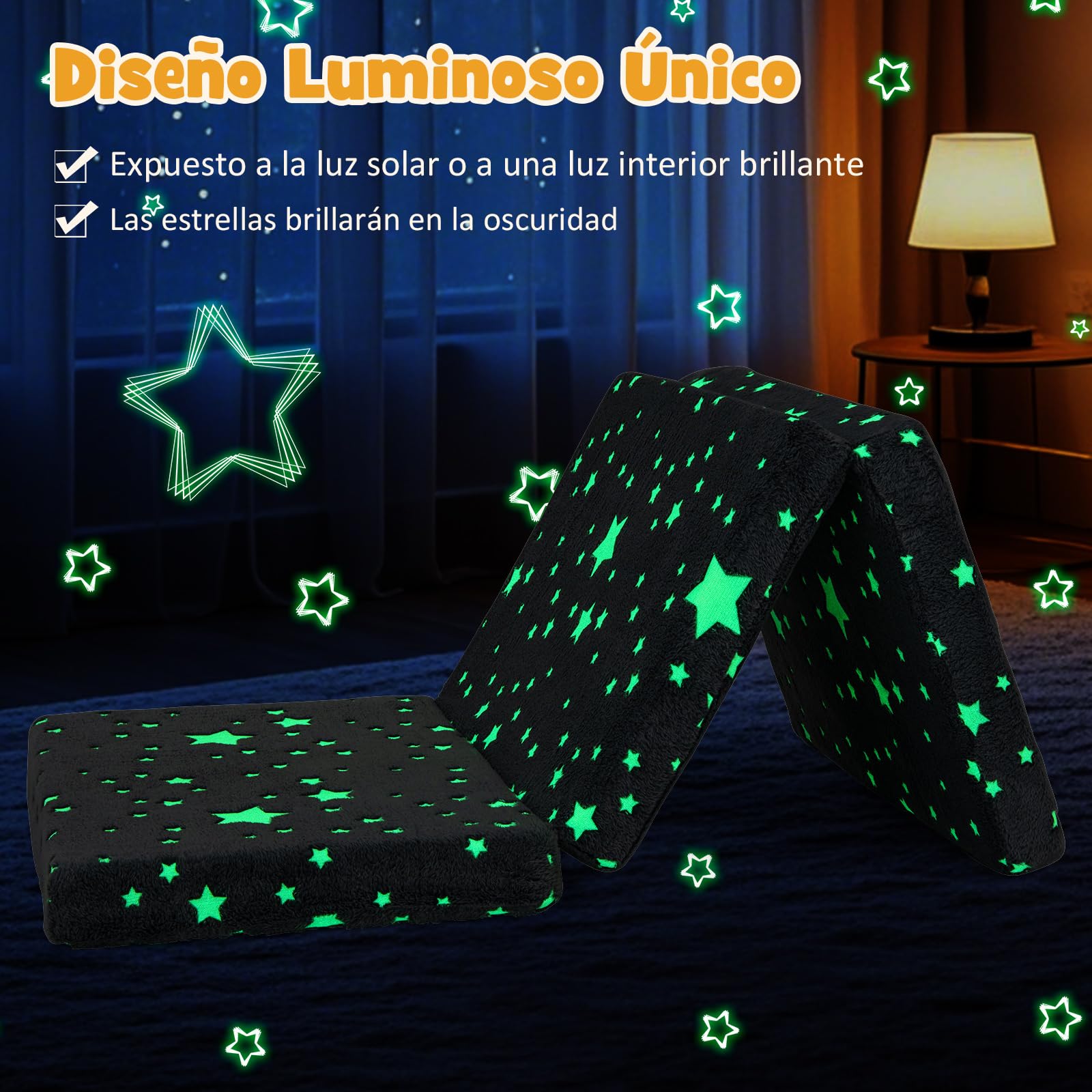 COSTWAY Colchón Cuna 122 x 61 x 7cm, Colchoneta de Suelo Plegable 3 Secciones, Estrella Brilla en Oscuridad, Funda Extraíble y Lavable a Máquina, Colchon Cuna de Viaje con Bolsa de Almacenaje
