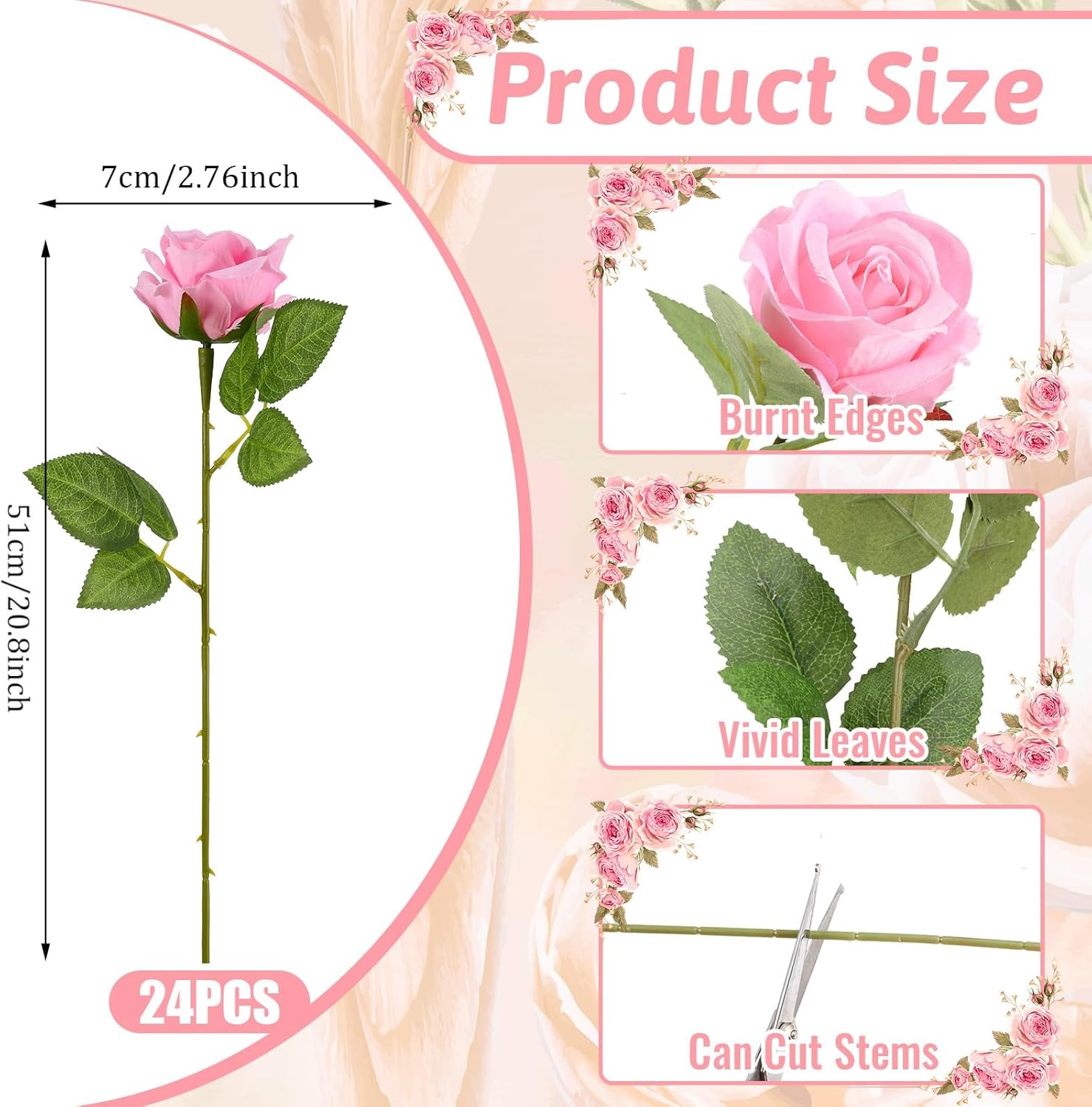 24 Pcs Pink Rose Artificial Flowers with Long Stem Real Touch Silk Plastic Bouquet Pink Roses Bulk for Wedding Party Table Centerpieces Festival Decorations - Image 2