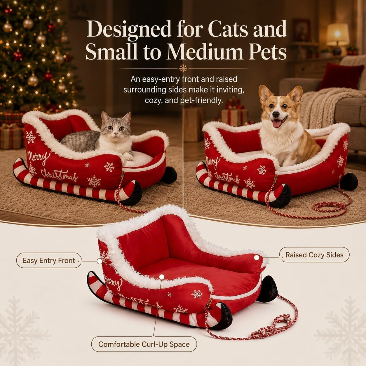 Cama para Gatos de Navidad,Cama para Perros,Cama navideña para Perros con Forma de Trineo de Papá Noel,Trineo de Navidad,Nido de Peluche,para Dormitorio,Salón,Invierno,Casa