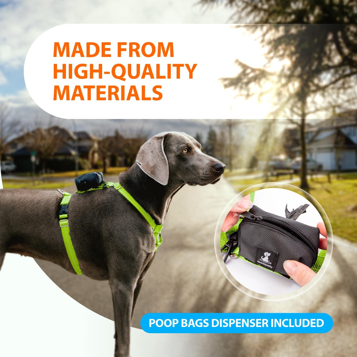SparklyPets More Freedom Arnés de paseo para perros sin tirones en la parte delantera y trasera para razas medianas y grandes con soporte para bolsas de excrementos, cabestro para perros para todos